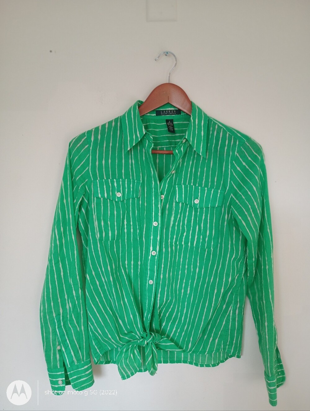 Ralph Lauren Green and White Striped Collared Shirt S